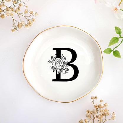 JoycuFF Initial B Ceramic Jewelry Tray, Bridesmaid Bride Gifts, Mothers Day Christmas Anniversary Engagement Birthday Gifts for Women Couples, Trinket Dish for Rings Earrings Necklaces Bracelets Keys