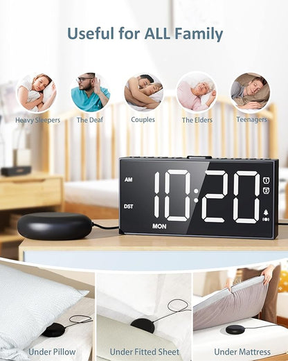 Loud Alarm Clock with Bed Shaker for Heavy Sleeper,3-level Vibrating,Large Digits,Weekday/Weekend Mode,Dual Alarms for Hard of Hearing/Deaf, 5 Volume,Dimmer,USB Charger,Snooze,Battery Backup