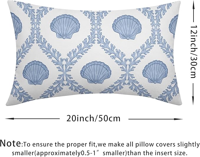Light Blue Coastal Lumbar Pillow Covers 12x20 Set of 2 Ocean Coral Shell Outdoor Decorative Linen Summer Throw Pillows Cases with Zipper Cushion Cover Rustic Decoration Farmhouse Sofa Couch Bed Decor
