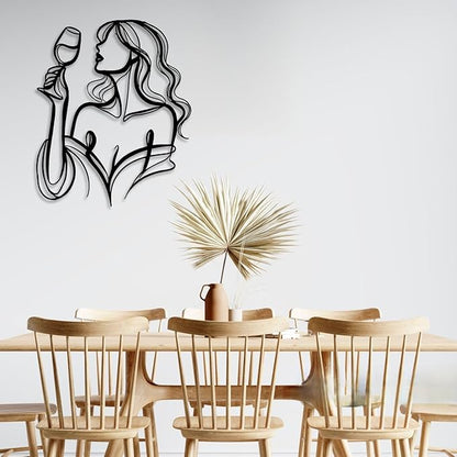 LIYOUYA Drinking Woman Metal Wall Decor - Wine Art Decor Simple Black Wall Art Home Decor for Living Room, Dining Room, Bar (Black)