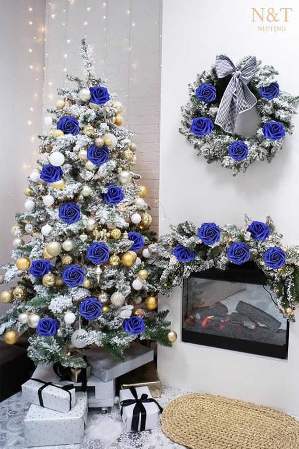 N&T NIETING Artificial Flowers Glowing Navy Blue Flowers Foam 50pcs Glitter Roses Real Looking Fake Roses with Stem for DIY Wedding Bouquets Centerpieces Bridal Shower Party Home Decorations
