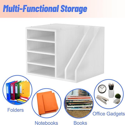 Wood Desk Organizer File Holder, Wooden Mail Organizer Countertop with Adjustable Compartments, Desktop File Organizer Paper Sorter for Home, Office and School, Envelope Organizer, White