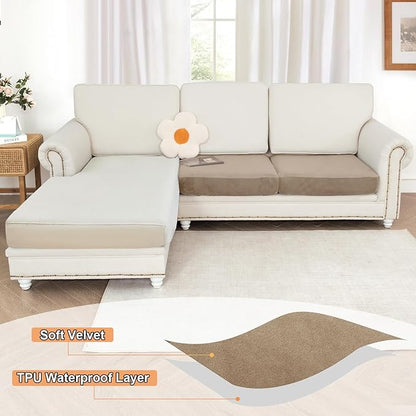 NAISI Waterproof Couch Cushion Covers Thick Velvet Fabric Washable Sofa Slipcovers 2 Pieces Individual Sectional Couch Covers with Elastic Bottom(2 Pcs for 2-Seat or Backrest,Sand)