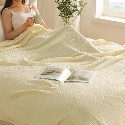 100% Cotton Muslin Blanket Queen Size 90" x 90" for Bed Couch Summer Gauze Blanket for Adults Lightweight and Breathable Apricot