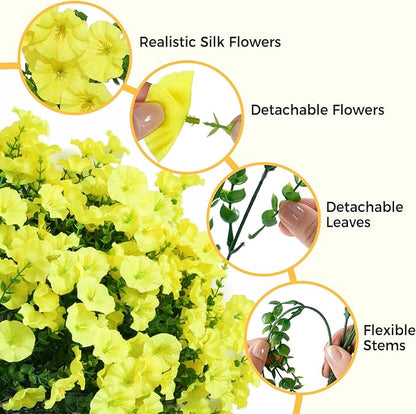Yellow Artificial Morning Glory Fall Faux Flowers for Outdoor Decoration, 12 Bundles Realistic Silk Flowers with Eucalyptus for Autumn Home Decor Patio Porch Garden Planter Window Box Yard