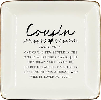 WODMIS Cousin Gifts Ceramic Jewelry Tray Dish, Cousin Birthday Gifts Jewelry Plate Dish, Cousins Ring Trinket Dish, Cousin Christmas Graduation Wedding Gifts for Cousin Women, Cousin Gifts