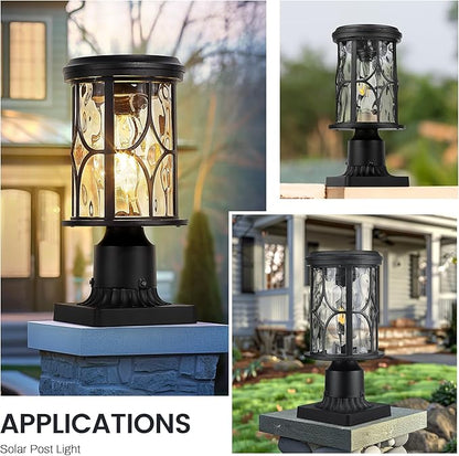 zeyu Outdoor Solar Column Light with Pier Mount, Exterior Post Lighting Fixture with Remote, Die-Cast Aluminum with Water Ripple Glass Shade, Black Finish, ZX48P-WG SL BK