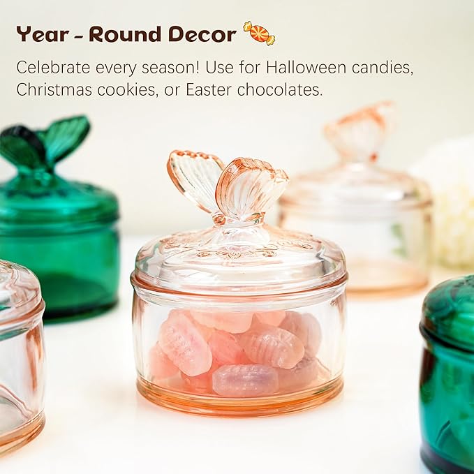 kanpura Embossed Glass Candy Dish with Lid Covered Candy Dish Decorative Glass Jars Jewelry Box for Christmas Party Buffet Decorative(Pink Coffee)