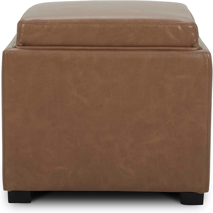 CHITA Storage Ottoman Cube with Tray Lid, Small Footstool with Storage, Square End Table for Living Room and Bedroom, Faux Leather in Saddle Brown