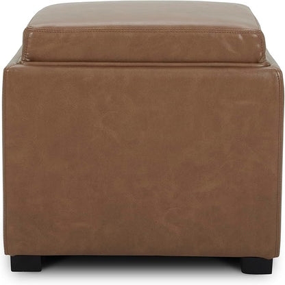 CHITA Storage Ottoman Cube with Tray Lid, Small Footstool with Storage, Square End Table for Living Room and Bedroom, Faux Leather in Saddle Brown
