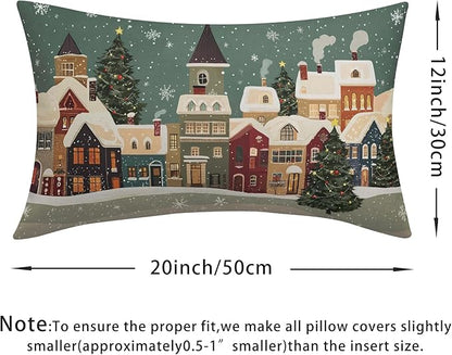 Christmas Snoflake Pillow Covers 12x20 Set of 2 Green House Throw Pillow Covers Winter Pillowcase Linen Decoration Farmhouse Cozy Soft Cushion Case Couch for Indoor Outdoor Home Decor