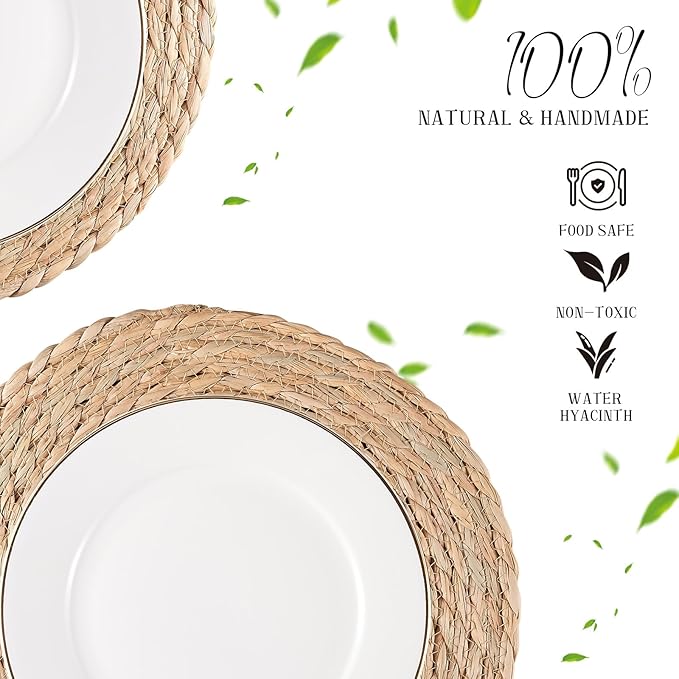 Round Woven Placemats Set of 10, Natural Water Hyacinth Place mats, 13 inch Rattan Placemat Wicker Placemats Farmhouse Boho Braided Heat Resistant Outdoor Placemat Patio Table Place Mat