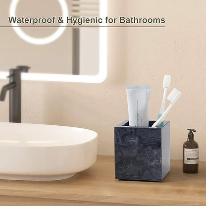 Real Natural Travertine Marble Toothbrush Holder & Pen Holder & Makeup Brush Holder & Utensil Holder, Genuine Stone Rectangular Bathroom Tumbler Cup, Durable Office & Home Countertop Organizer