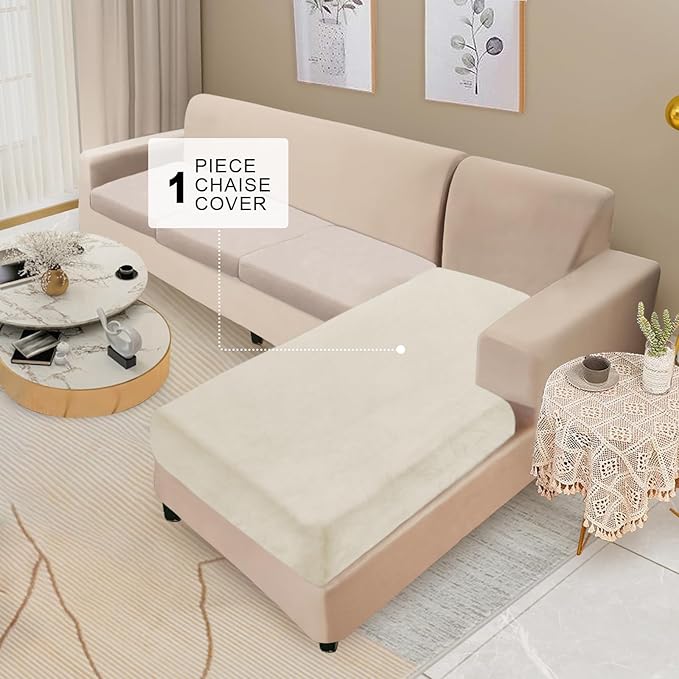 NAISI Sectional Couch Cover 1 Piece Velvet Separate Chaise Lounge Cover Soft Stretch Sofa Slipcovers for Left/Right Chaise Sectional Couch(Chaise Lounge,Cream)