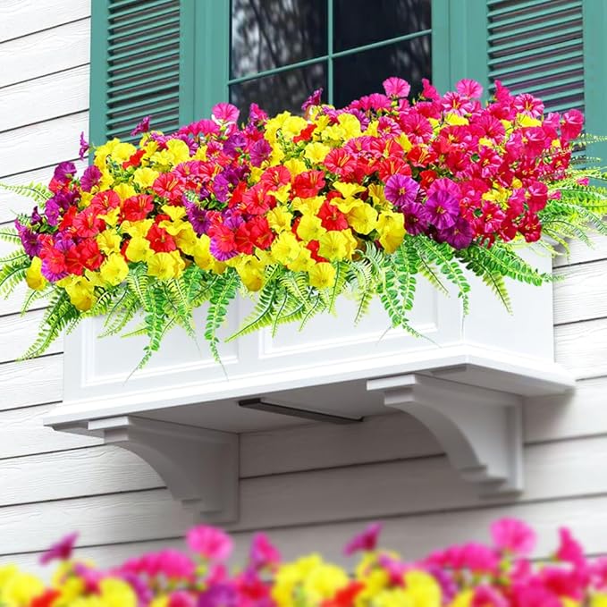 16 Bundles Outdoor Artificial Fake Flowers UV Resistant No Fade Plastic Faux Morning Glory Silk Flowers Plants for Home Garden Porch Patio Window Box Farmhouse Hanging Décor