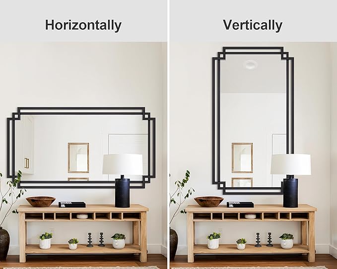 28" x 55" Living Room Mirror for Wall Decor, Large Decorative Mirror with Metal Frame, Modern Black Wall Decor for Bathroom, Entrance, Bedroom, Horizontal or Vertical