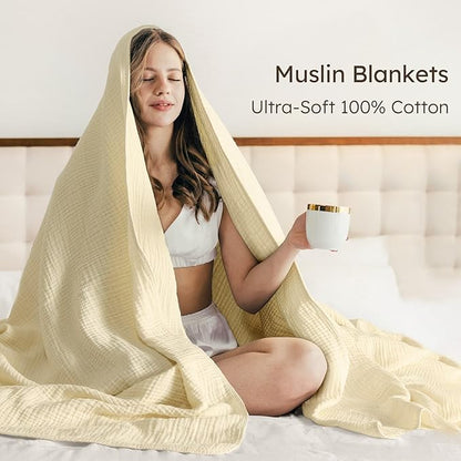 100% Cotton Muslin Blanket Queen Size 90" x 90" for Bed Couch Summer Gauze Blanket for Adults Lightweight and Breathable Apricot