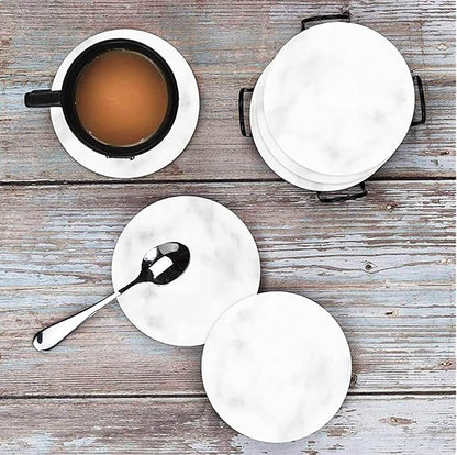 Coasters for Drinks - Set of 6 Modern Coasters - 4" Wide Drink Coasters - Made from Real Solid Marble White Marble Coasters Round Shape