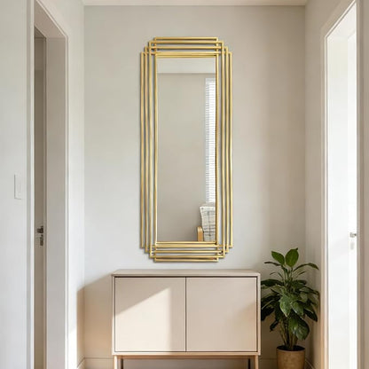 Gold Rectangle Mirror, 55"x22" Geometric Art Deco Mirror with Metal Frame, Large Modern Elegant Wall Mirrors for Living Room Bathroom Entryway Hallway, Hangs Vertically or Horizontally