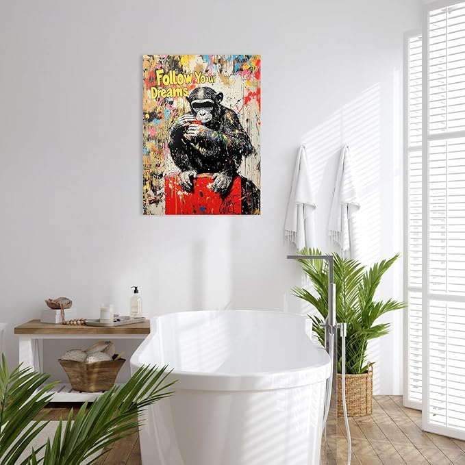 Ypxzzj Banksy Street Graffiti Monkey Canvas Wall Art for Living Room,Follow Your Dreams Animal Picture Prints Canvas Artworks,Doodle Monkey for Wall Decor Framed Ready to Hang