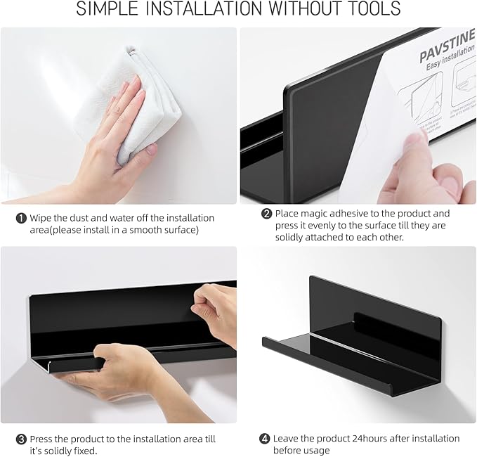 PAVSTINE Acrylic Floating Shelves for Wall No Drilling, Self Adhesive Space-Saving Shelves, 12 Inch Floating Shelf Stick on Wall Shelf, for Bathroom, Kitchen, Bedroom, Office, Gaming Room, Black