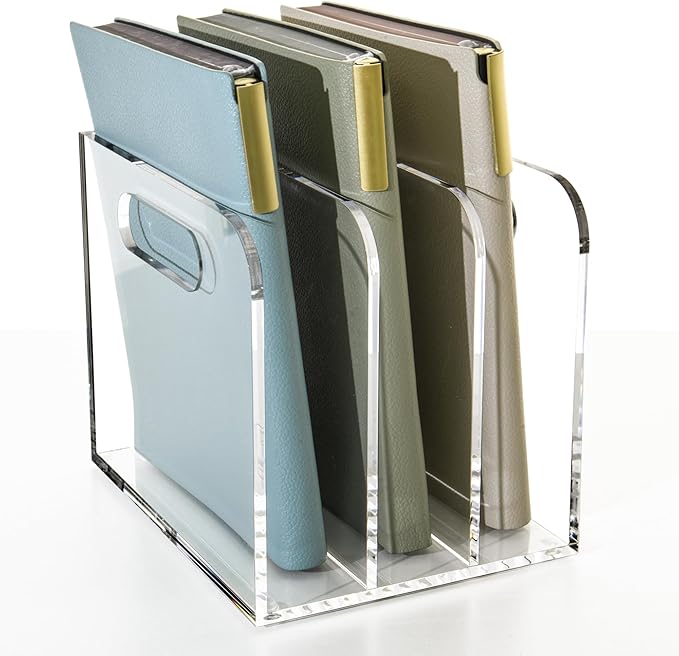 Acrylic Magazine File Holder, 3 Vertical Compartments Desk Document Sorter Organizer, Clear Folder Rack Binder for Office/Documents/Classroom, for Home, Tablet, Magazines, Books & Accessories