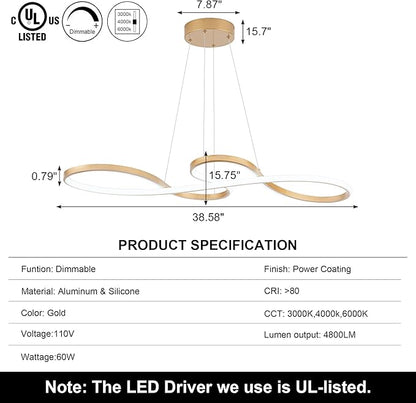 Modern LED Chandelier Dining Room Modern Pendant Light Dimmable Creative Contemporary Chandelier Adjustable Hanging Lighting Fixture for Living Room Kitchen Island 3000K/4000K/6000K (Gold)
