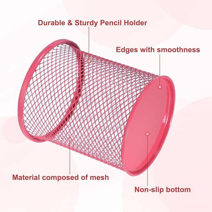 uxcell 2Pcs Mesh Pencil Holder, Metal Pen Cup Desk Organizer Makeup Brush Cup Holder for Home, Office, Classroom(Red)