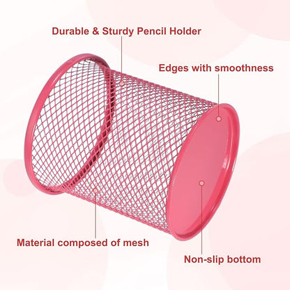 uxcell 2Pcs Mesh Pencil Holder, Metal Pen Cup Desk Organizer Makeup Brush Cup Holder for Home, Office, Classroom(Red)
