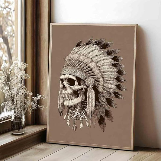 Native American Pictures Indian Chief Painting Skulls And Feathers Wall Art Ethnic Skulls Sheik Wall Art Tribal Indian Chief Poster Skull Pictures Vintage Halloween Living Room Decor 16x24in No Frame