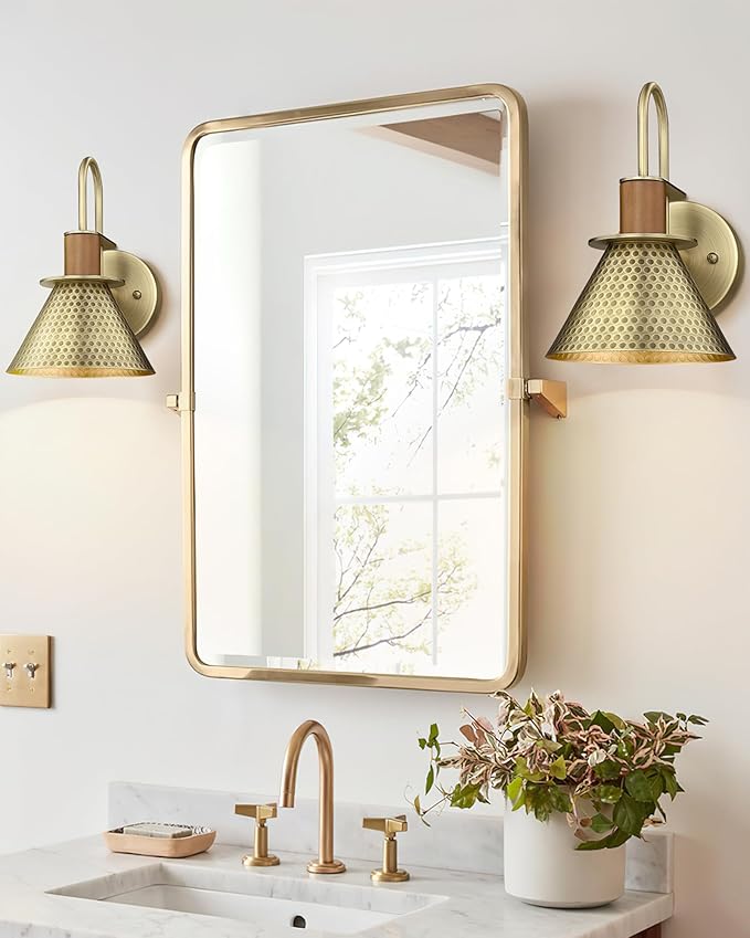 Brass Wall Sconces Set of Two, HWH Industrial Wall Light Fixtures Gold Barn Light, Single Wall Lamp for Bedroom Bedside Bathroom Kitchen, Hammered Metal Shade, Antique Brass, 5HZG74B-2 BG
