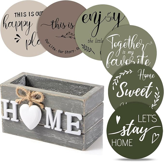 Queekay Coasters Set of 6 House Warming Gifts New Home Wooden Farmhouse Drink Coasters with Holder 4'' Funny Decoration for Kitchen Family Coffee Bar Tabletop Protection(Green)