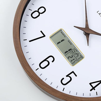 Lafocuse 12 Inch Silent Brown Wall Clock with Time Day Date Temperature, Battery Operated Wall Clock Analog and Digital with Calendar for Kitchen Living Room Home Décor