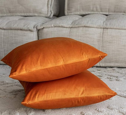 Set of 2 Comfortable Velvet Throw Pillow Cases Decorative Solid Cushion Covers for Sofa Couch and Bed - 20"x20", Bold Orange