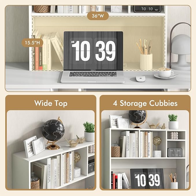 GOFLAME 4 Cubes Desktop Bookshelf, 37” Tabletop Wood Desk Shelf for Computer Monitor, Modern Countertop Desk Display Hutch Storage Organizer Shelf for Home Office, Dorm, Study (White)