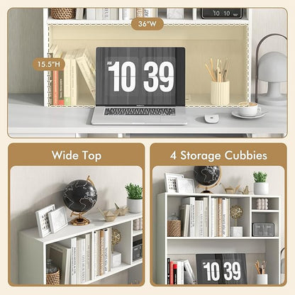 GOFLAME 4 Cubes Desktop Bookshelf, 37” Tabletop Wood Desk Shelf for Computer Monitor, Modern Countertop Desk Display Hutch Storage Organizer Shelf for Home Office, Dorm, Study (White)