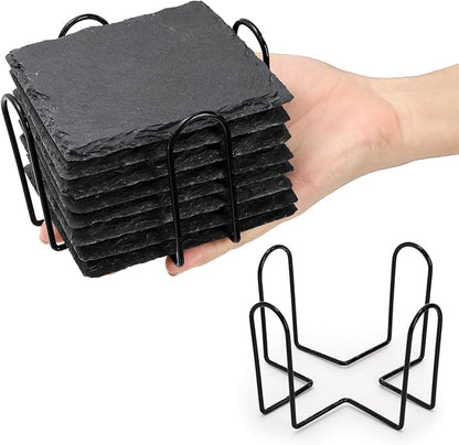 ZOOFOX 24 Pieces Drink Coasters, 4 Inch Square Slate Stone Coaster with 3 Holders, Handmade Coasters Set for Bar Kitchen Home Decor