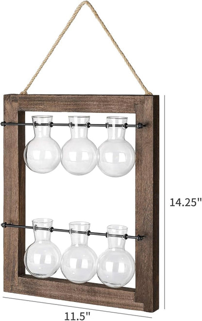 Mkono Propagation Station Wall Hanging Glass Planter, Flower Bulb Vase Plant Terrarium with Retro Wooden Stand Double Layer for Hydroponics Plants Home Garden Office Decor