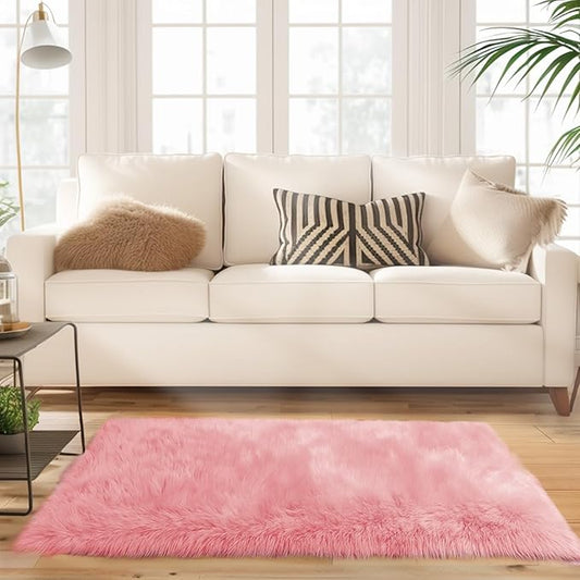 Ciicool Pink Fur Fluffy Rug, 2x4 ft Small Faux Fur Rugs for Bedroom, Washable Faux Sheepskin Carpet for Sofa Couch Seat Cushion, Thick Shaggy Furry Rugs Floor Carpets for Bedside Living Room