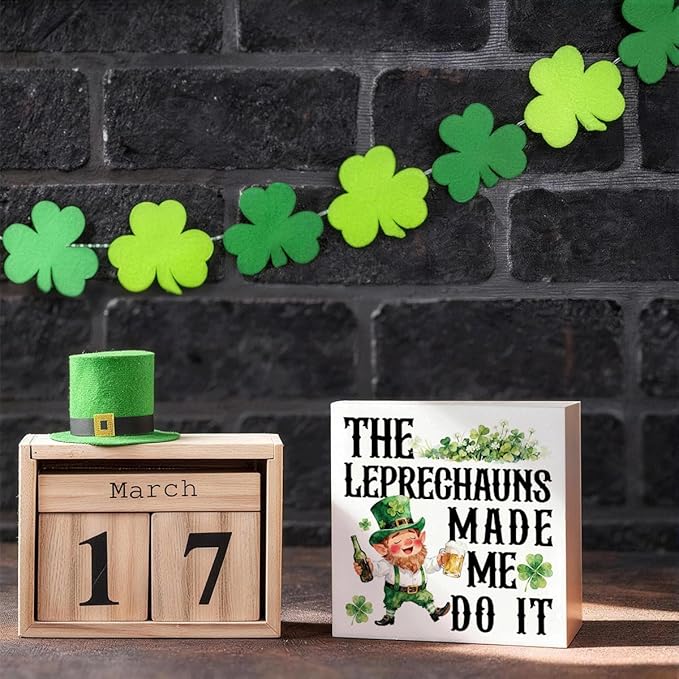 St. Patrick's Day Decor Leprechaun Wooden Box Sign, The Leprechauns Made Me Do It Funny Irish Quote Tabletop Decor for Home Bar Shelf Desk, Farmhouse Holiday Wooden Decoration Gift 5 x 5 Inches