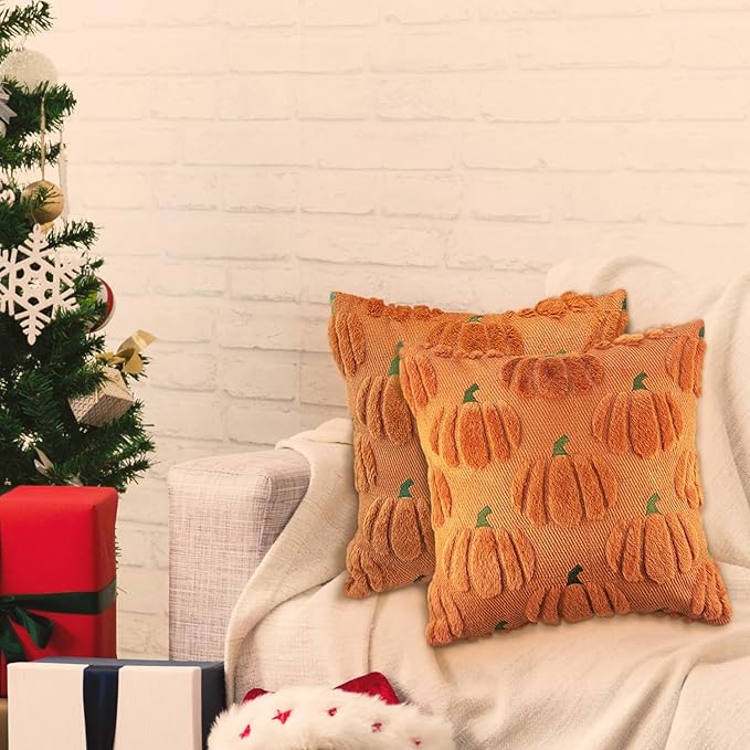 Fall Pumpkin Decorative Throw Pillow Covers 18x18 Set of 2 Pillow Covers, Faux Fur Square Pillow Cover Fluffy Plush Accent Throw Pillow Case, Throw Pillow Cover Cushion Cover for Autumn