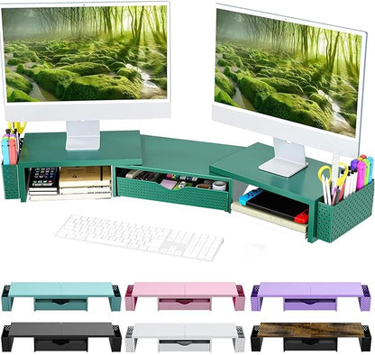 Spacrea Metal Desk Organizers and Accessories, Dual Monitor Stand Riser with Drawer and 2 Pen Holders, Desk Accessories & Workspace Desktop Organizers for Office Supplies (Dark Gree)