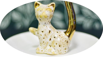 Happy Cat Natural Pattern Glazed Plated Gold Ceramic Elegant Engagement Wedding Rings Trinket Dish