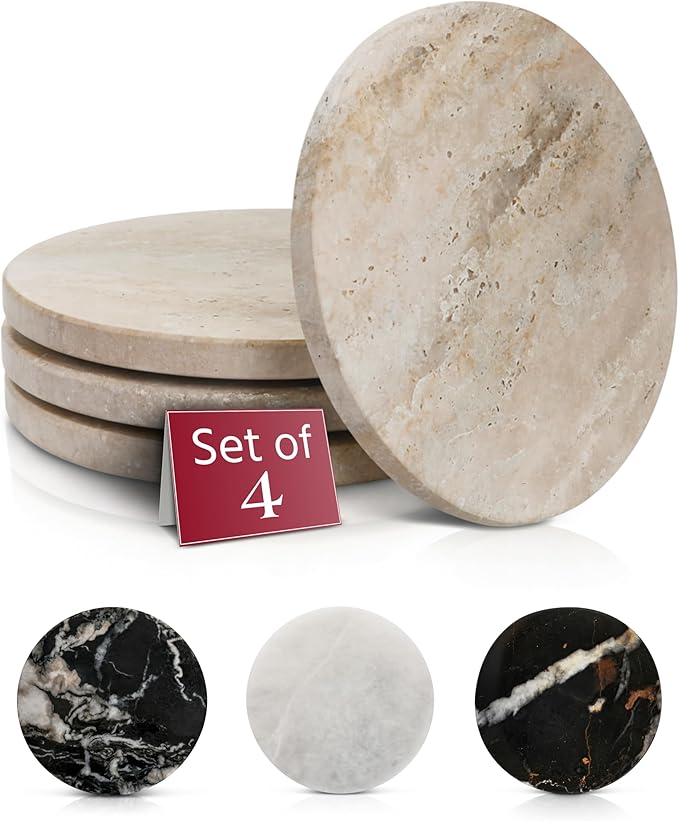 Gusto Nostro Travertine Coasters - Absorbent Stone Coasters Set of 4 - Aesthetic, Natural Stone Coaster for Drinks - Anti-Slip Round Artisanal Travertine Coaster for Kitchen Counter and Coffee Table