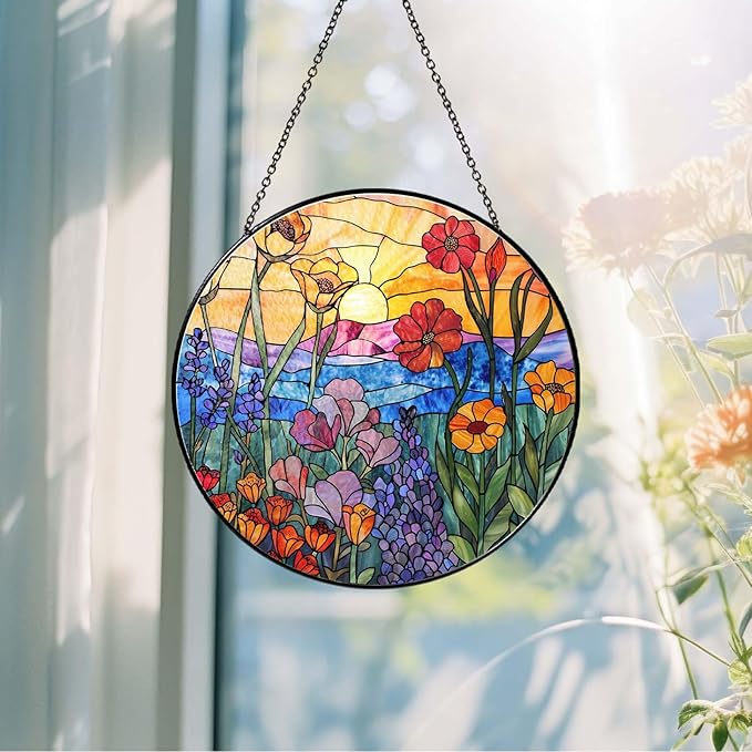 Wildflowers Sun Catcher 6'' Stained Glass Window Hanging Plant Lover Gifts for Women Wildflowers Wall Decor Handmade Sun Catcher Decoration for Garden Home Housewarming Gifts