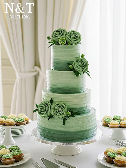 N&T NIETING Roses Artificial Flowers, 25pcs Artificial Flowers Foam Flowers with Stems for DIY Cake Decoration Wedding Party Home Decoration, Army Green