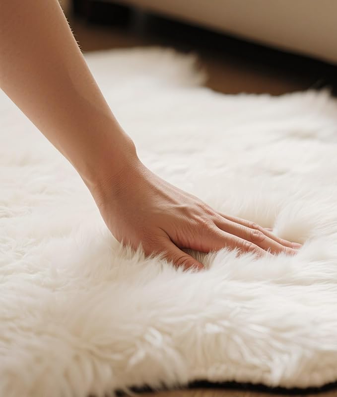 DPB Genuine Sheepskin Area Rug, 100% New Zealand Genuine Natural Luxury Fluffy Lambskin Throw for Sofa Chair Seat Cove Living Room Bedroom (Lvory, 2x3Ft)