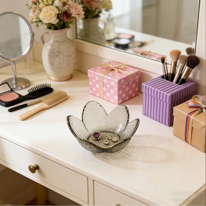 Flower Ring Dish Jewelry Tray, Glass Jewelry Dish Tray, Cute Room Decor Small Trinket Dish, Nightstand Jewlery Ring Holder, Bathroom Jewlery Plate Bowl for Earring Gift for Women (Smoky Black)