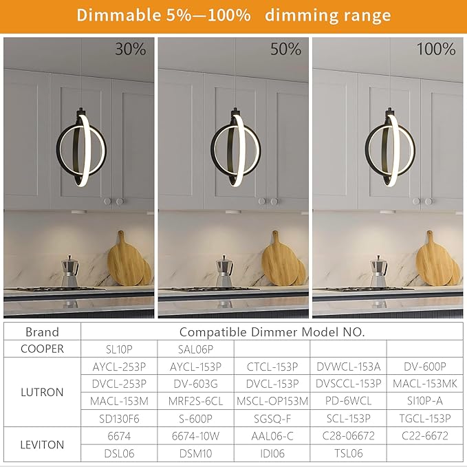 Modern LED Chandelier Black Ring Pendant Light Fixtures 4000K Dimmable Height Adjustable Pendant Lighting for Dining Room Kitchen Island Bedroom Living Room Foyer（1-Pack）