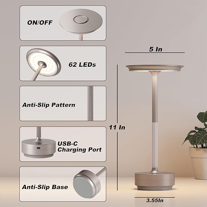 2 Pack Rechargeable Cordless Table Lamps, Portable 5000mAh Outdoor Table Light, 3 Color Stepless Dimming LED Table Lamp with Memory Function, for Home/Dinner/Patio/Restaurant.(Champagne Gold)